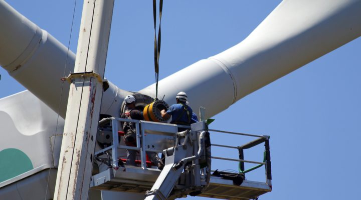 Wind turbine being repaired